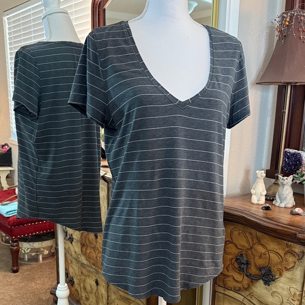 Lululemon Athletica Charcoal Striped V-Neck Tee